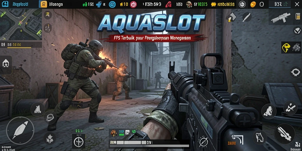 Tampilan gameplay menegangkan dari AQUASLOT dengan aksi tembak-tembakan.