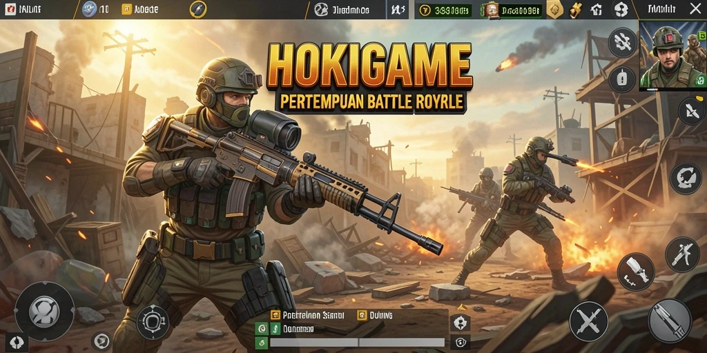 Gameplay HOKIGAME yang seru dan menegangkan dalam pertempuran Battle Royale.