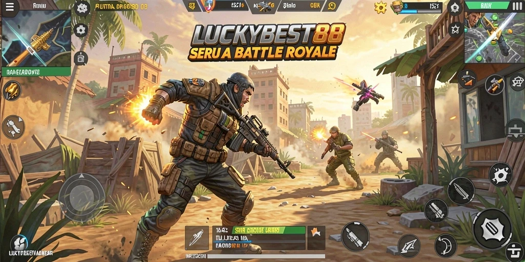 Screenshot utama LUCKYBEST88 menampilkan aksi seru di pertempuran Battle Royale.
