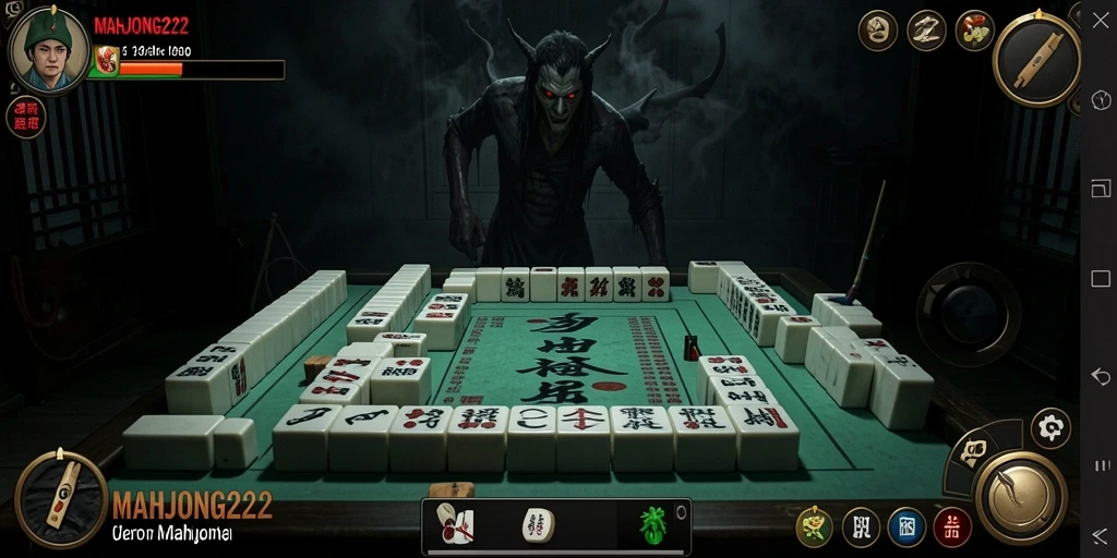 Tampilan gameplay <strong>MAHJONG222</strong> yang menegangkan dengan elemen horor yang kental.