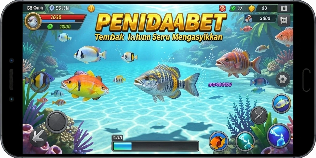 Tampilan gameplay seru dalam PENIDABET, menangkap ikan dengan berbagai senjata.