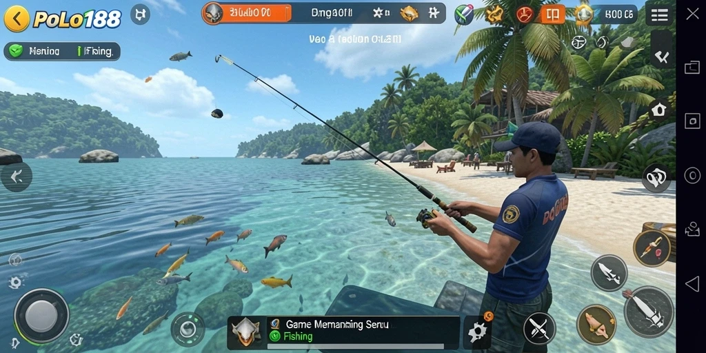 Screenshot gameplay POLO188 menampilkan aksi memancing yang seru di lokasi indah.