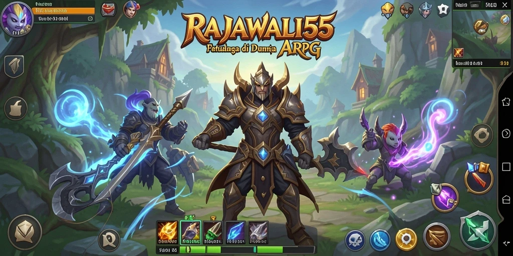 Tampilan gameplay epik dalam RAJAWALI55 menunjukkan pertarungan strategis antar karakter.