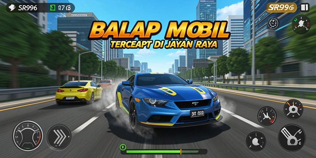 Screenshot utama SR996 menampilkan aksi balap mobil yang seru dan menegangkan.